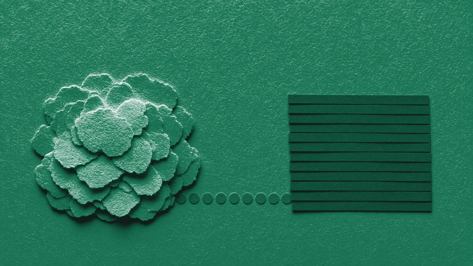 Cut-paper collage with a block of soft cloud-like shapes for cotton and another of rigid strips for synthetic filament.