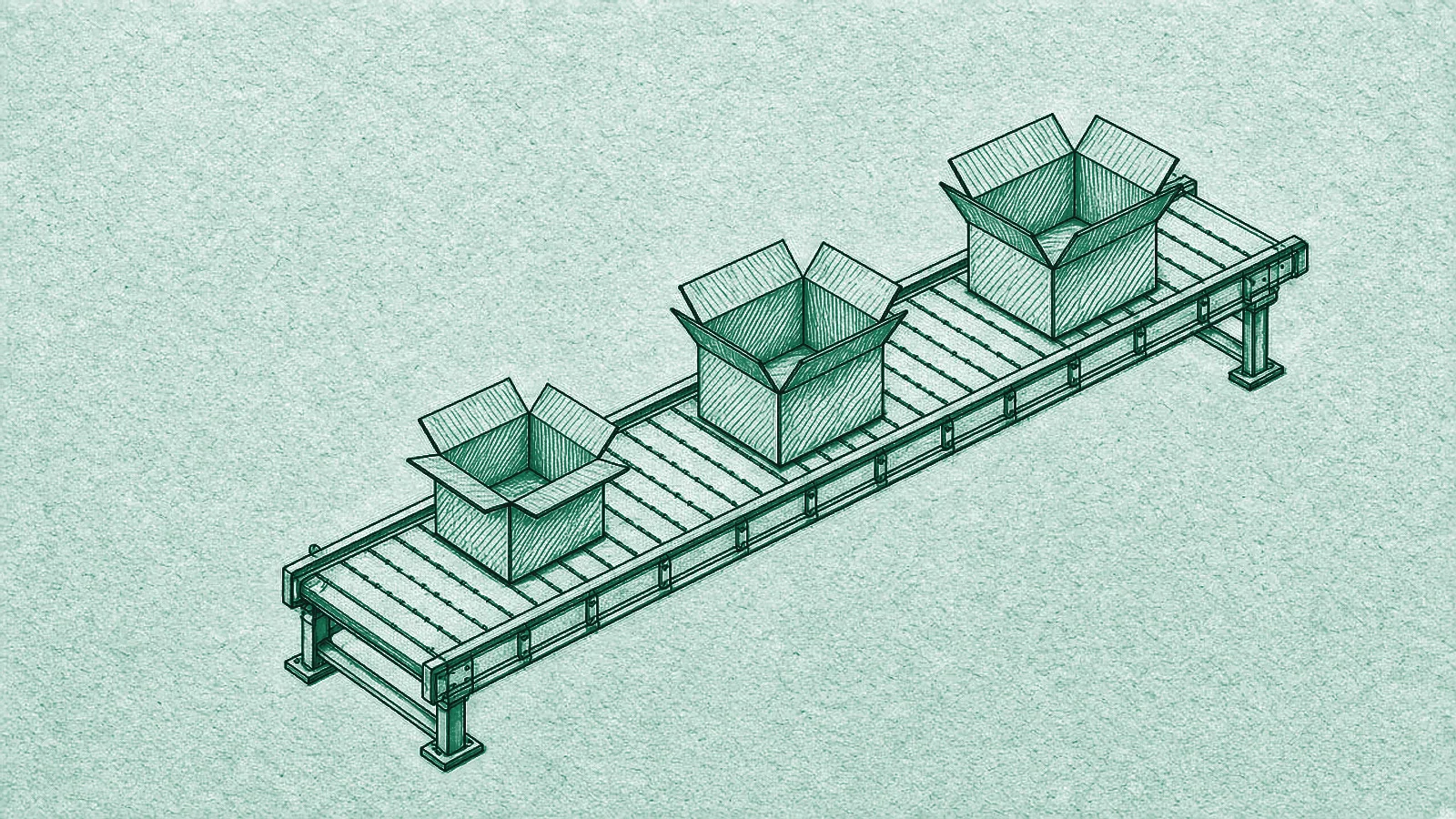 Isometric line drawing with three open boxes from different suppliers on a conveyor belt.