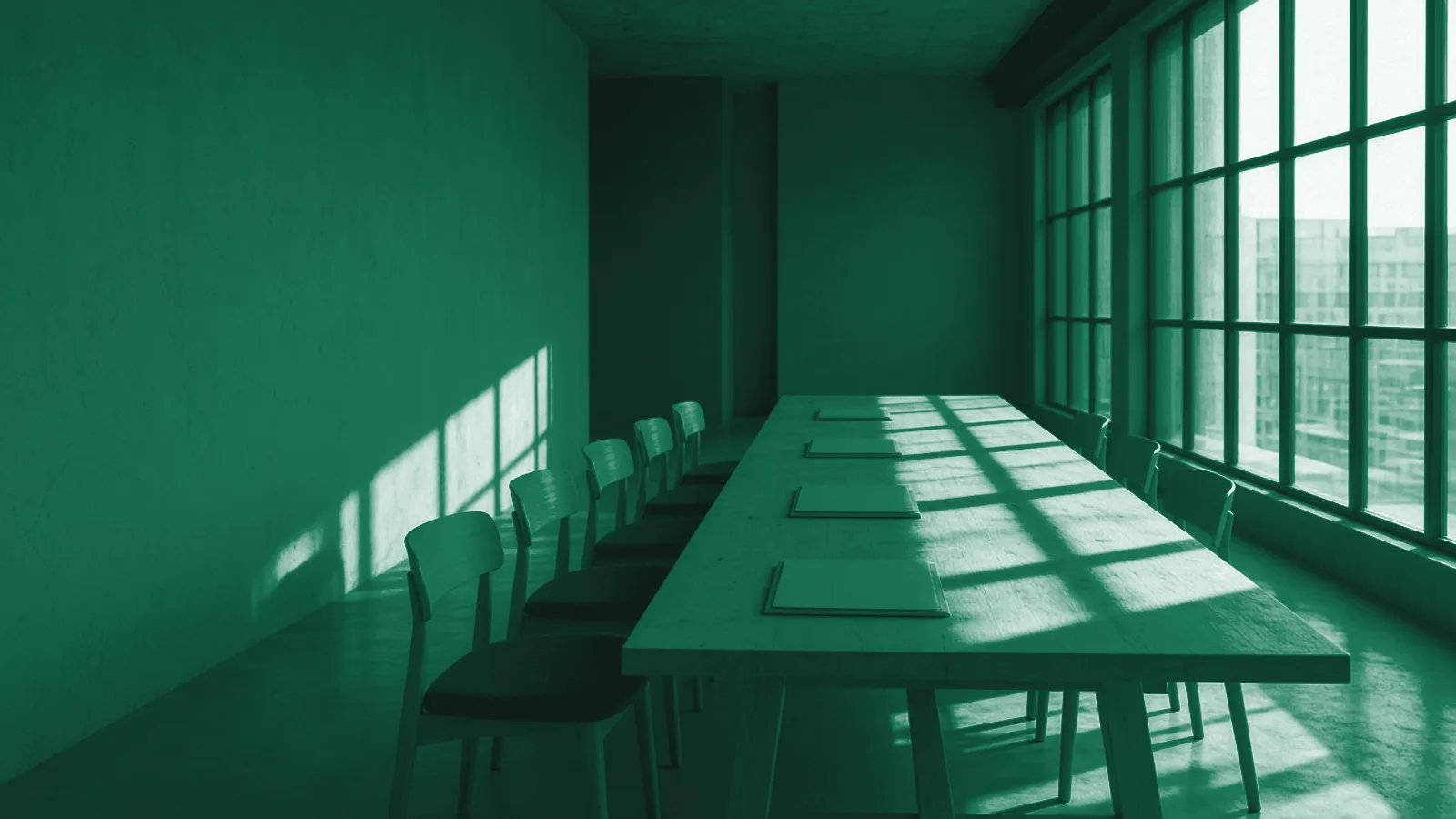 Sala de reuniones vacía con una mesa larga de madera, tres carpetas separadas y la luz diagonal de grandes ventanales.