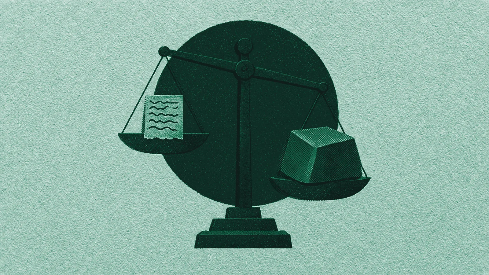 Risograph-style illustration of a balance scale: a light sheet of paper in one pan and a solid block of metal in the other, tipping the scale.