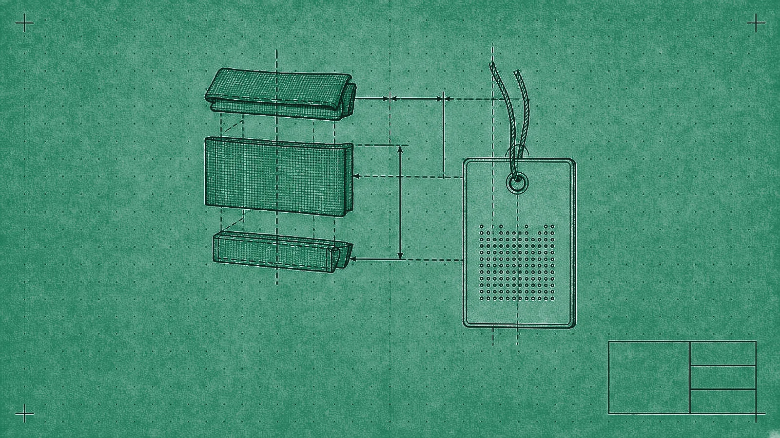Exploded technical line drawing of a garment care label and hang tag, with dimension and centre lines, on dotted paper.