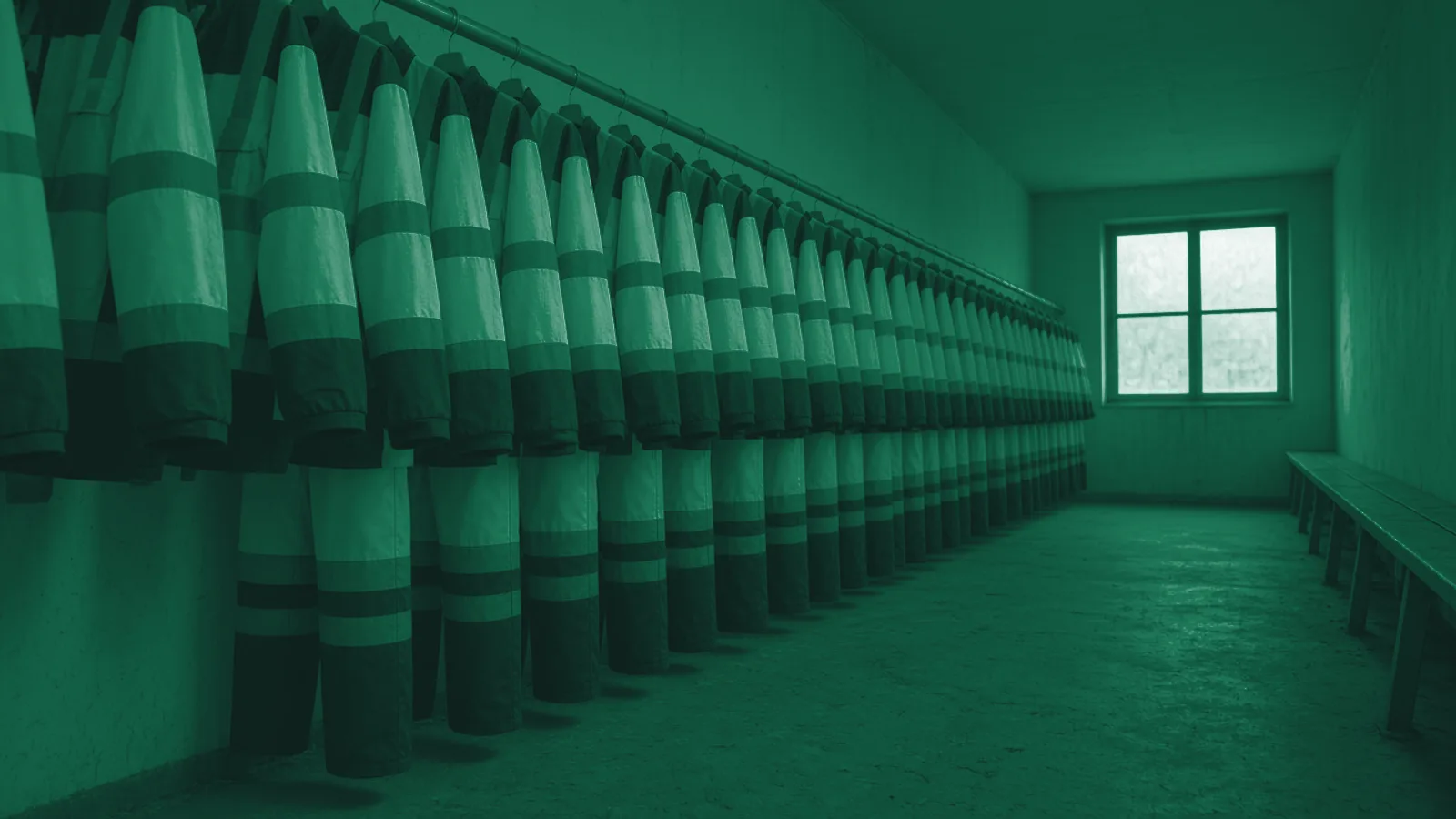 Row of identical work garments hanging in an industrial changing room, seen in perspective towards a window.